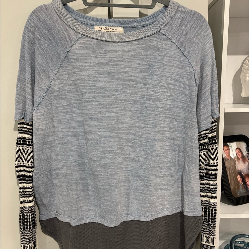 We The Free Light Blue Top with Black and White Patterned Sleeves